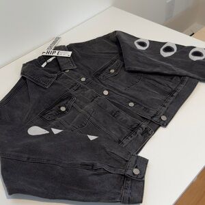 Black Denim Jacket with Geometric Accents
